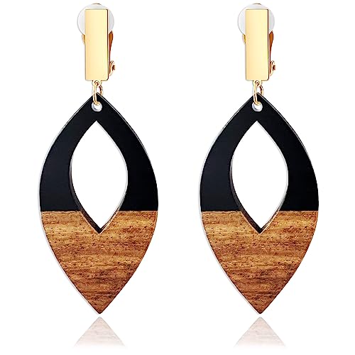 Wooden Geometric Clip On Earrings Women Gold Black Wood Non Pierced Ears Dangle Drop Earrings Triangle Leaf Comfortable Clip Earrings Jewelry - color: Leaf_Black+Gold