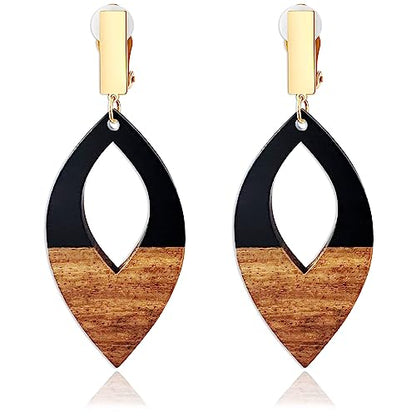Wooden Geometric Clip On Earrings Women Gold Black Wood Non Pierced Ears Dangle Drop Earrings Triangle Leaf Comfortable Clip Earrings Jewelry - color: Leaf_Black+Gold