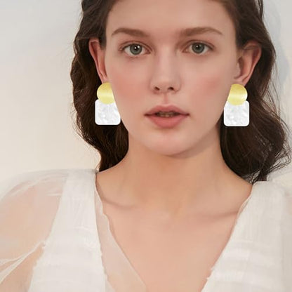 70s 80s Acrylic Hollow Round Geometric Dangle Drop Earrings Retro Square Oval Stud earrings For Women - style: White Gold