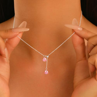 925 Sterling Silver Dainty Cubic Zirconia Lariat Heart Necklace for Women | 14k Gold Plated Cute Pink Crystal Love Heart Pendant Necklaces Adjustable Diamond Y Shaped Drop Chain Necklace Jewelry Gift - color: Silver