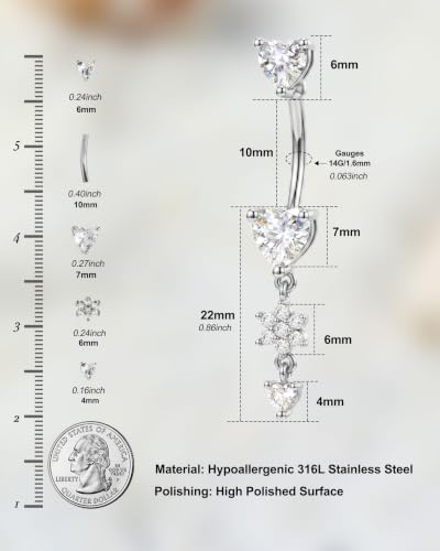 Jewseen Dangle Flower Belly Button Rings 14G Dangle Heart Navel Ring 10MM Gold Curved Barbell Belly Button Piercing for Women Stainless Steel Dainty Navel Piercing Jewelry - color: Silver
