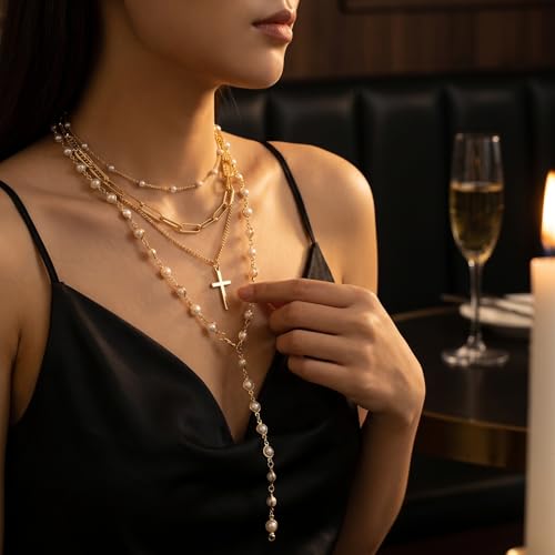 Layered Faux Pearl Necklaces for Women - Dainty Cross Choker Set. Beautiful Stackable Long Chain Jewelry Featuring Boho Pendant Accessories, Vintage Multilayer Drops