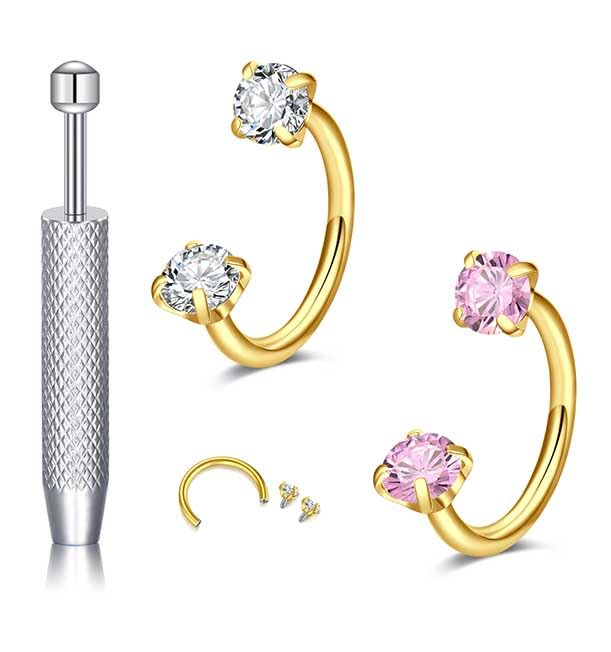 18G 20G Horseshoe Nose Rings Studs,Surgical Steel Nose Ring Pink Cubic Zirconia Nose Piercing,Internally Threaded Nose Rings For Women,Pink and Silver Zirconia - color: 20G-Gold-Pink Round CZ