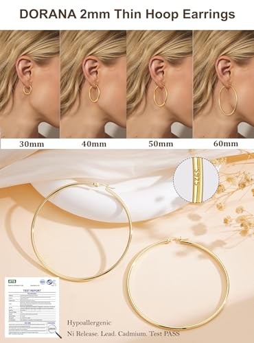 2mm Thin 14K Gold Plated Large S925 Sterling Silver Hoop Earrings for Women Hypoallergenic Big Hoop Non Tarnish Earrings Lightweight 20/30/40/50/60/70mm - color: Gold-70mm