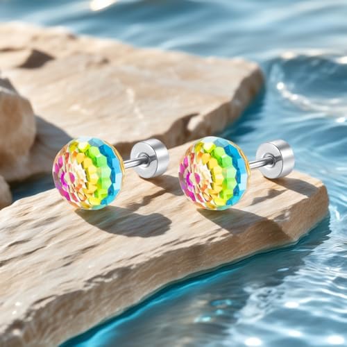 Dazzling Crystal Disco Ball Cartilage Stud Earrings for Women Mom Stainless Steel Austrian Colorful 6mm/8mm CZ Tragus Screw Flat Back Helix Tiny Studs Earring Fashion 60's 70's Jewelry Prom Party 20G - color: Colorful,8mm