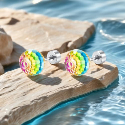 Dazzling Crystal Disco Ball Cartilage Stud Earrings for Women Mom Stainless Steel Austrian Colorful 6mm/8mm CZ Tragus Screw Flat Back Helix Tiny Studs Earring Fashion 60's 70's Jewelry Prom Party 20G - color: Colorful,8mm