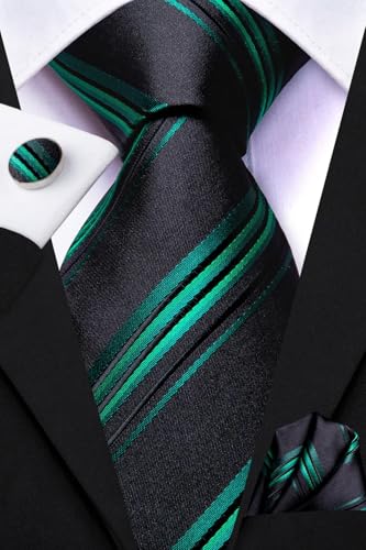 Dubulle Mens Paisley Striped Tie Woven Necktie for Men and Handkerchief Cufflinks Set Wedding Formal Business - color: B Green Black