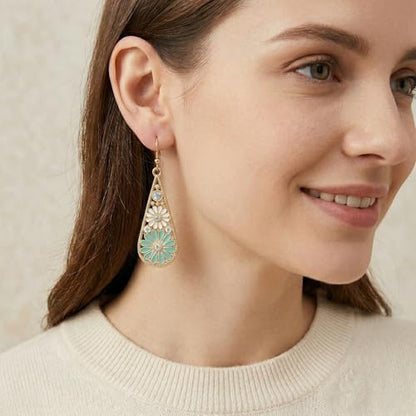 Bohemian Crystal Teardrop Dangle Earrings, Copper, Tribal Geometric Design, Handmade National Style for Women - color: Emerald green
