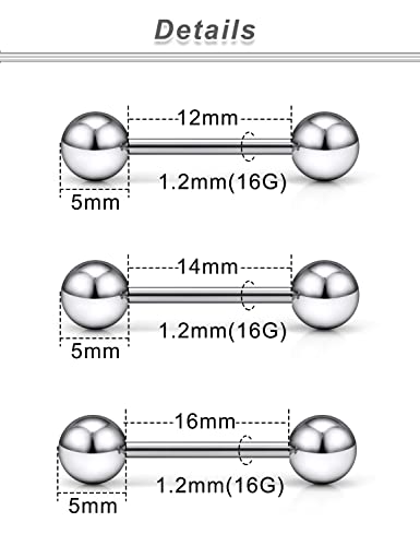 16G 14G 12G Titanium Tongue Rings Nipple Piercings Externally/Internally Threaded G23 Hypaollergenic Nipple Tongue Barbells Piercing Jewelry for Women Men 12mm 14mm 16mm 19mm Bars - style: 16G-12mm 14mm 16mm Bars-Externally Threaded
