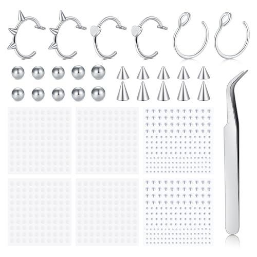 Longita Fake Lip Ring and Nose Piercing Set - Ball Spike, Hoop, Stud, Stick-on Bridge and Eyebrow Ring - Silver, Gold, Black - color: 1-silver