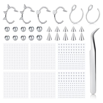 Longita Fake Lip Ring and Nose Piercing Set - Ball Spike, Hoop, Stud, Stick-on Bridge and Eyebrow Ring - Silver, Gold, Black - color: 1-silver