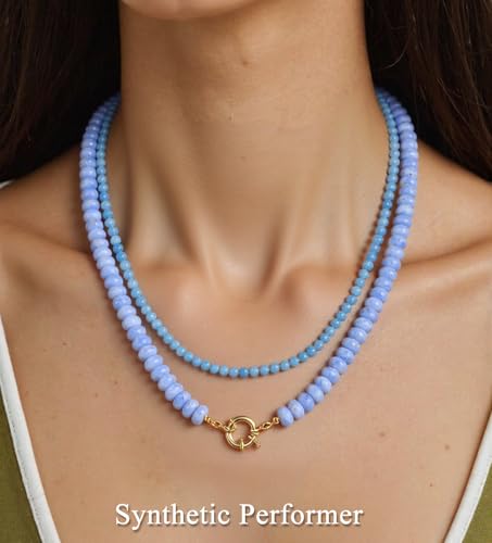 CASDAN 2Pcs Natural Gemstone Beaded Choker Necklaces for Women | Boho Colorful Beads Choker,Natural Stone Surfer Beach Necklaces,Handmade Summer Jewelry,Charm Trendy Necklaces - color: Light blue