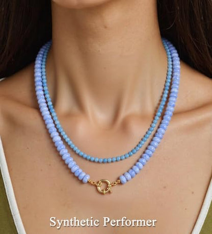 CASDAN 2Pcs Natural Gemstone Beaded Choker Necklaces for Women | Boho Colorful Beads Choker,Natural Stone Surfer Beach Necklaces,Handmade Summer Jewelry,Charm Trendy Necklaces - color: Light blue