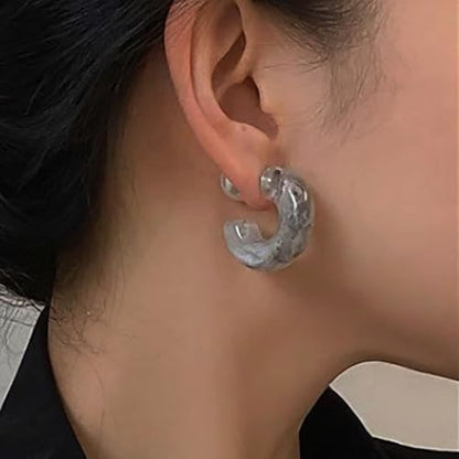 Chunky Acrylic Hoop Earrings White Resin Open Circle Hoop Earrings Round Pearl Studs Thick Acrylic C Shape Earring Pearl Front Back Earring Jewelry for Women - color: Grey