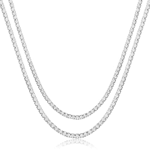Double Layer Tennis Necklaces for Women - Dainty Gold and Silver CZ Tennis Necklace Simple Tennis Chain Sparkly CZ Choker Necklaces for Women Trendy Silver Jewelry - color: Silver, style: 14inch/3mm & 16inch/4mm