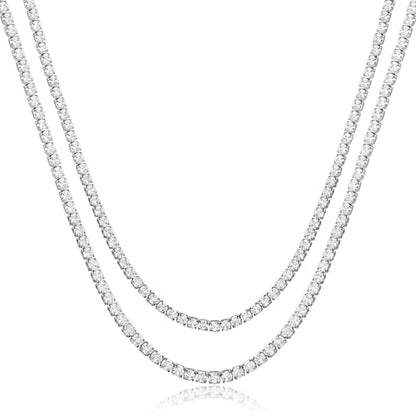 Double Layer Tennis Necklaces for Women - Dainty Gold and Silver CZ Tennis Necklace Simple Tennis Chain Sparkly CZ Choker Necklaces for Women Trendy Silver Jewelry - color: Silver, style: 16inch/3mm & 18inch/4mm