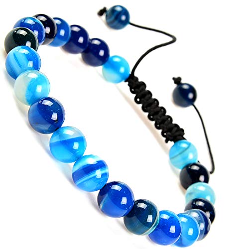 MASSIVE BEADS Natural Healing Power Gemstone Crystal Beads Unisex Adjustable Macrame Bracelets - color: Agate Blue, size: 8mm