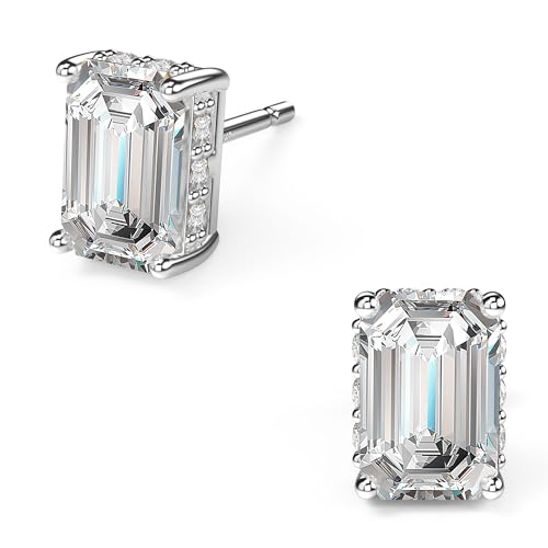 18K White Gold Plated Sterling Silver Emerald Cut Cubic Zirconia Stud Earrings Clear CZ Diamond Stud Earrings for Women Men Hypoallergenic - color: White Gold, size: 4MM*6MM