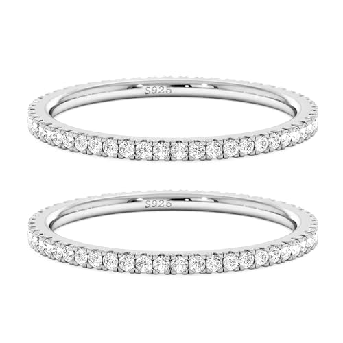2mm 925 Sterling Silver Rings Gold Engagement Wedding Bands Eternity Cubic Zirconia Simulated Diamond 2pairs Stackable Ring for Women Size 5-10 - color: Silver