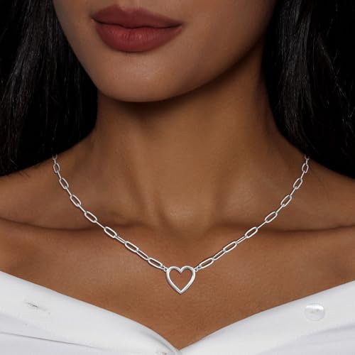 Airmb Heart Necklace for Women Gold/Silver Plated Trendy Heart Choker Lover Pendant Hypoallergenic Fashion Gold/Silver Necklace for Women Love Jewelry Gift for Women Girlfriend - color: Paperclip Open Heart-Silver