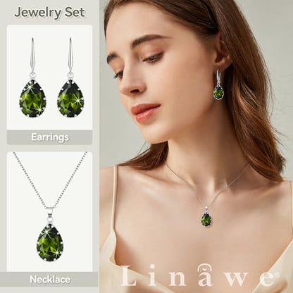 Linawe Crystal Jewelry Sets for Women, Imitation Diamond Pendant Necklace, Rhinestone Drop Dangle Earrings, Birthstone Cubic Zirconia Matching Wedding Jewelry, 14K Gold/Rose Gold/Silver Tones - color: Silver,Peridot,August