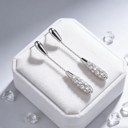 Trendy Silver Water Drop Dangle Earrings for Women - Sparkly Crystal Long Tassel Earrings