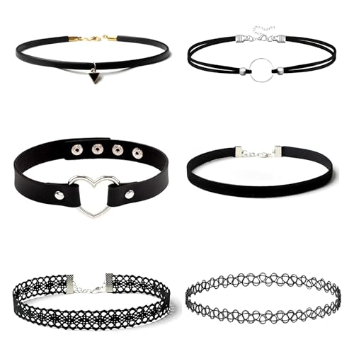 6Pcs Black Gothic Choker Necklace Set, Punk Lace & Leather Collar Necklaces, Vintage Gothic Jewelry for Fashion Outfit Accessories