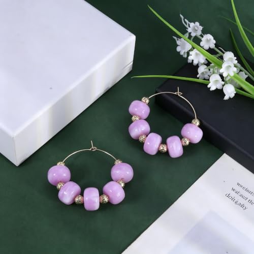 Colorful Beaded Earrings for Women Beaded Hoop Earrings | Chunky Acrylic Resin Boho Statement Drop Earrings Trendy Summer Beach Jewelry Accessories Gifts - color: Purple