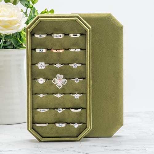 Velvet Ring Organizer Display Tray Jewelry Box Earring Holder Case | for Wedding Birthday Christmas Day (Olive Green) - color: Olive Green