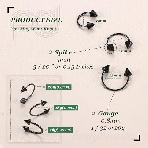 G23 Titanium 14/16/18/20G Septum Rings Horseshoe Nose Ring Jewelry | 2/3Pcs Circular Barbell Spike Lip Body Piercing Jewelry Conch Helix Tragus Earring Silver/Black 8/10/12mm 14K Gold Plated - color: Black-3pcs, size: Spike-3pcs-20g-8/10/12mm