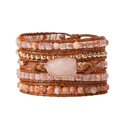 Artilady Leather Wrap Bracelet for Women, Pearl Beaded Bangle Stack Jewelry | Easy on-off, Elegant Handmade Multi-Layered, Daily Casual Date Beach Vacation, Gift for Ladies, Mother, Sister & Friend - style: Pink stone