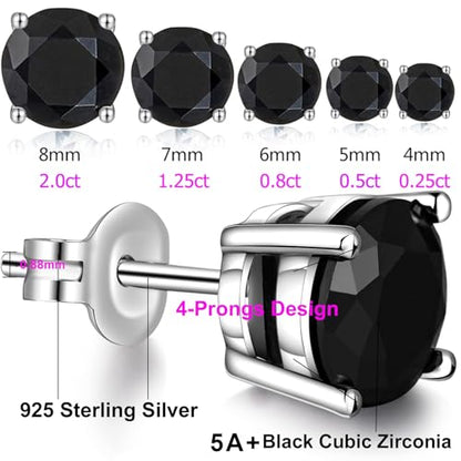 Jiamiaoi 18K White Gold Plated Stud Earrings 925 Sterling Silver Round and Square Cut Princess Cut 5A+ Cubic Zirconia Stud Earrings 4mm to 8mm Fashion Jewelry for Men Women - color: D-Round Cut Black, size: 5mm