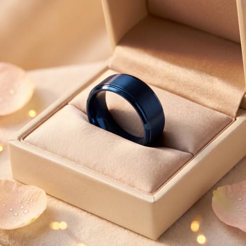Tungsten Wedding Band Ring Black 10mm Men Women Comfort Fit 18k Rose Gold Step Edge Brushed Polished - color: Blue Tungsten
