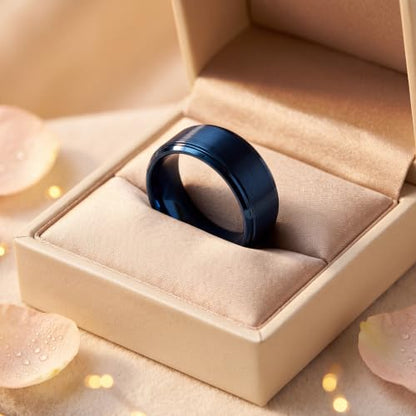 Tungsten Wedding Band Ring Black 10mm Men Women Comfort Fit 18k Rose Gold Step Edge Brushed Polished - color: Blue Tungsten