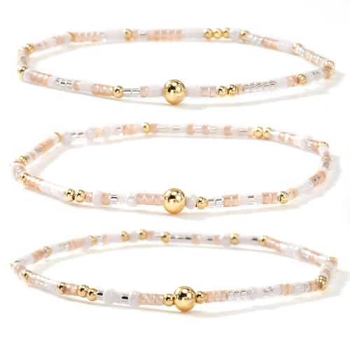 Colorful Gold Beaded Bracelets for Women Boho Tiny Gold Plated Ball Stretch Stackable Small Seed Beads Bracelet Stack Trendy Jewelry Set Dainty Vacation Friendship Christmas Gifts for Women - color: White