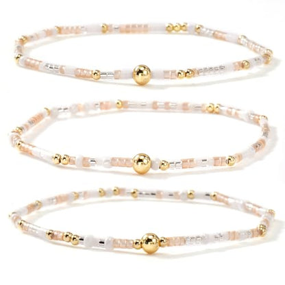 Colorful Gold Beaded Bracelets for Women Boho Tiny Gold Plated Ball Stretch Stackable Small Seed Beads Bracelet Stack Trendy Jewelry Set Dainty Vacation Friendship Christmas Gifts for Women - color: White