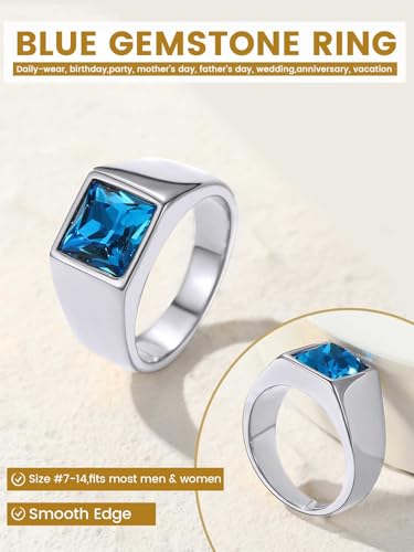 KeyStyle Square Gemstone Signet Rings for Men, Personalized Stainless Steel Pinky Ring with Black Onxy Blue Topaz Birthstone Statement Ring - color: 316L Stainless Steel- Blue Topaz-8mm