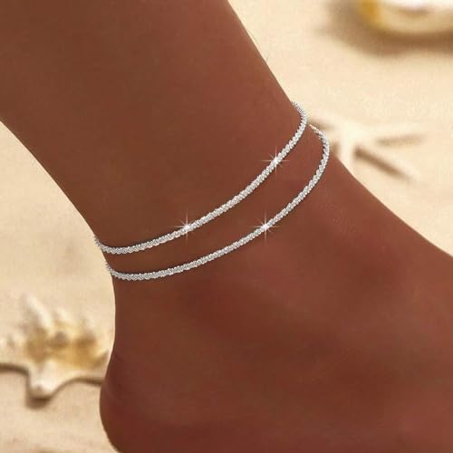 Fesciory Heart Rhinestone Ankle Bracelets for Women, Adjustable Silver Plated Shiny Tennis Anklets, Twinkle Cubic Zircon Imitation Diamond Anklet Foot Chain Jewelry Gifts - color: Twist Rope