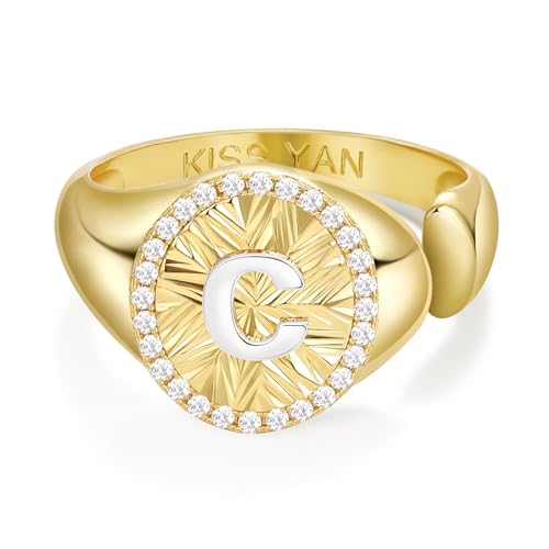 KissYan 14K Gold Plated Initial Ring for Women | Adjustable CZ Halo Letter Signet Ring, Personalized Monogram Statement Jewelry Gift, Tarnish Resistant - style: Letter C