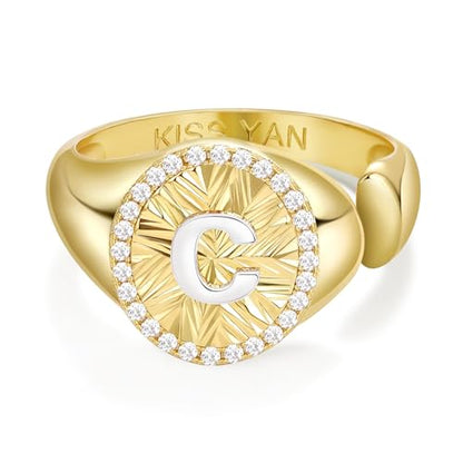 KissYan 14K Gold Plated Initial Ring for Women | Adjustable CZ Halo Letter Signet Ring, Personalized Monogram Statement Jewelry Gift, Tarnish Resistant - style: Letter C