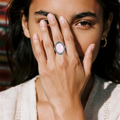 Retro Sterling Silver Stone Ring,Antique Natural Real Oval Crystal Quartz Gemstone Boho Bohemian Ring Jewelry for Women - color: A19_Pink Agate
