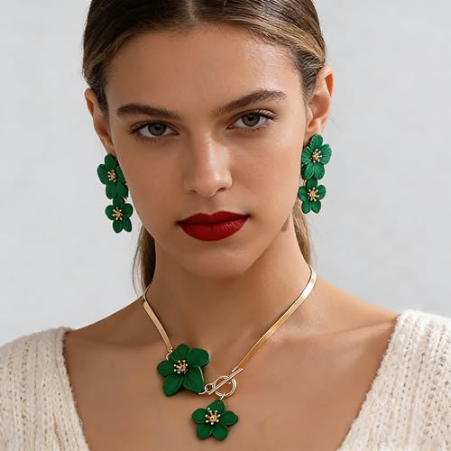 Colorful Flower Necklace Earrings Set for Women Gold Snake Chain Toggle Clasp Pendant Necklaces Dainty Double Flowers Statement Earrings Bridal Wedding Summer Beach Jewelry for Women - color: green