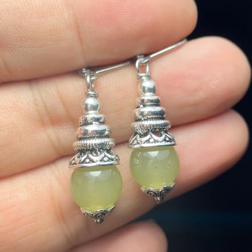 Natural 10mm Stone Beads Drop Earrings,Retro Silver Round Quartz Crystal Gemstone Beads Dangle Earrings for Women - color: A18_Olive Jade
