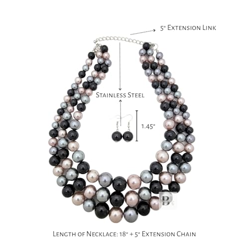 Simulated Pearl Necklace & Earring Set, Multi Strand - color: Black Mix