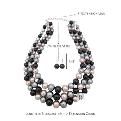 Simulated Pearl Necklace & Earring Set, Multi Strand - color: Black Mix