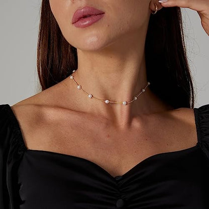 Kyerlyn Dainty Pearl Pendant Necklaces for Women 14K Gold Plated Handmade Layered Pearl Chain Necklace Delicate Layered Pearl Necklace Everyday Jewelry Gift - color: Satellite Pearl Choker-Gold
