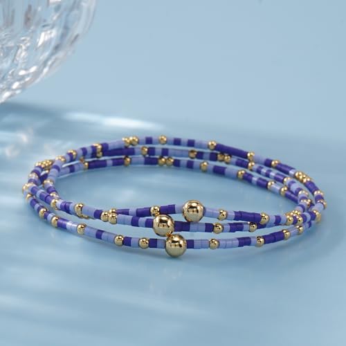 Small Seed Beaded Stack Bracelets Set for Women,Boho Handmade 3Pcs Colorful Glass Gold Stretch Accessories Jewelry, Summer Beach Wear Holiday Friendship Gift - color: Blue