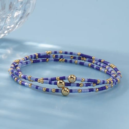 Small Seed Beaded Stack Bracelets Set for Women,Boho Handmade 3Pcs Colorful Glass Gold Stretch Accessories Jewelry, Summer Beach Wear Holiday Friendship Gift - color: Blue