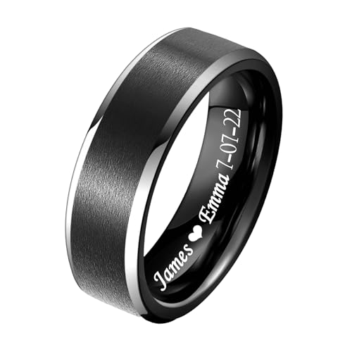 Personalized Tungsten Ring for Men 6mm/8mm Black Tungsten Carbide Engagement Wedding Band Brushed Matte Finish Customized Promise Ring Domed Comfort Fit Size 6-13 - color: 8mm-Black&Silver