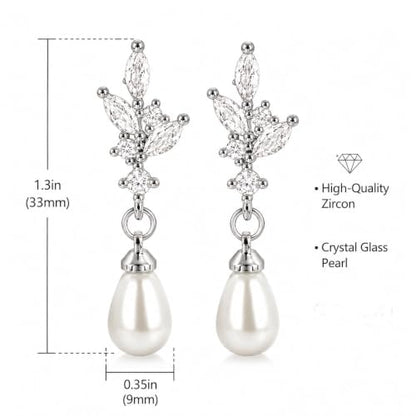 Pearl Earrings for Women, 14k Gold Plated Trendy Diamond Pearl Drop Earrings Hypoallergenic Dainty Bridal Gifts Wedding jewelry for Women - color: Silver-Pearl Style F